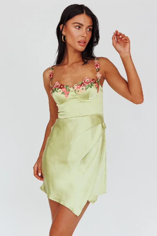 Rose Garden Floral Applique Wrap Mini Dress Lime Chic Bohemian Mini Dress