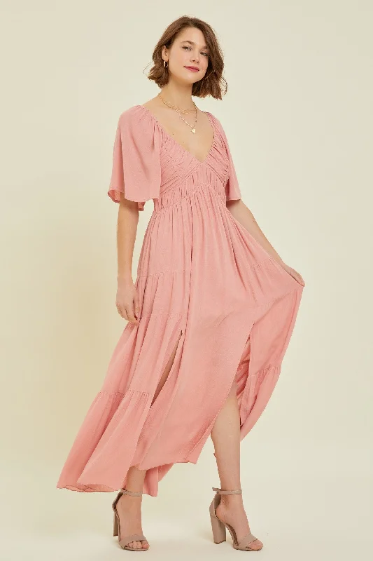 Rose Smocked Gauze Tiered Ruffle Maxi Dress Cozy Ruffle Sleeve Maxi Dress