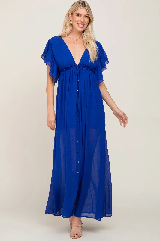 Royal Blue Flounce Button Front Maxi Dress Stylish One-Shoulder Maxi Dress