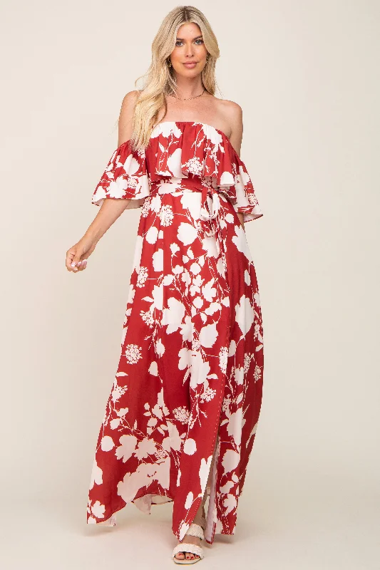 Rust Floral Overlay Off-Shoulder Side Slit Maxi Dress Comfortable Satin Maxi Dress