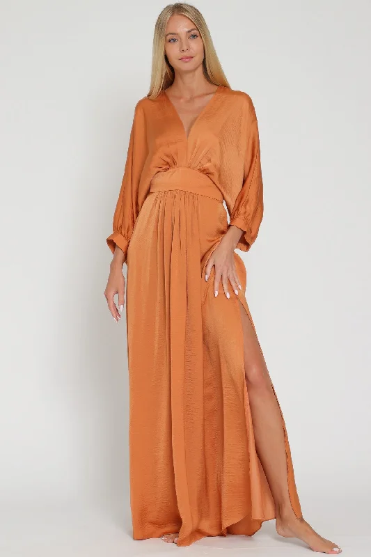 Rust Long Dolman Sleeve Tie Back Waisted Maxi Dress Fashionable Chiffon Tiered Maxi Dress