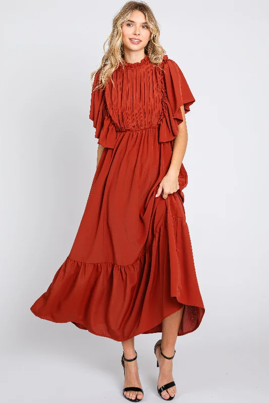 Rust Ruffle Pleated Maxi Dress Fashionable Off-Shoulder Maxi Dress