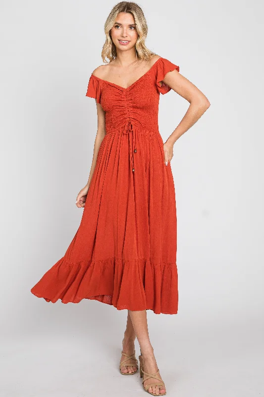 Rust Smocked Ruched Ruffle Hem Maxi Dress Chic Off-Shoulder Maxi Dress