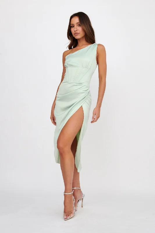 Ryhana One-Shoulder Split Midi Dress Mint Stylish Cold Shoulder Midi Dress