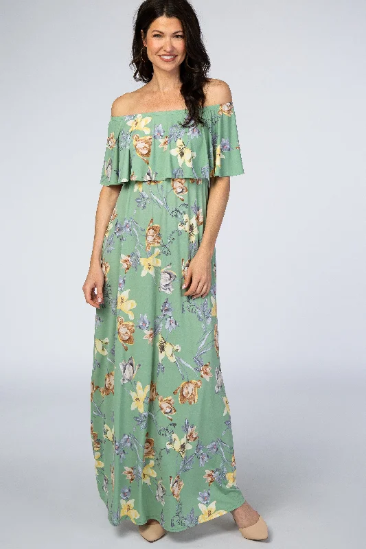 Sage Floral Off Shoulder Maxi Dress Trendy A-Line Maxi Dress