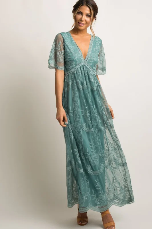 Sage Lace Mesh Overlay Maxi Dress Trendy Maxi Dress with Belt