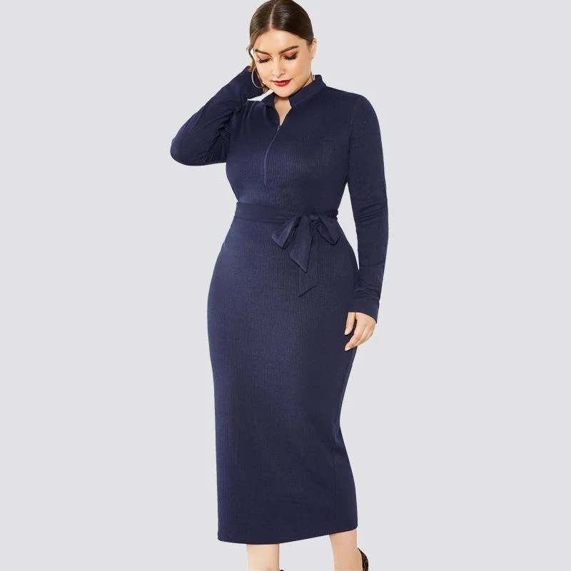 Solid Long-Sleeve Tie-Waist Midi Dress Cozy A-Line Midi Dress