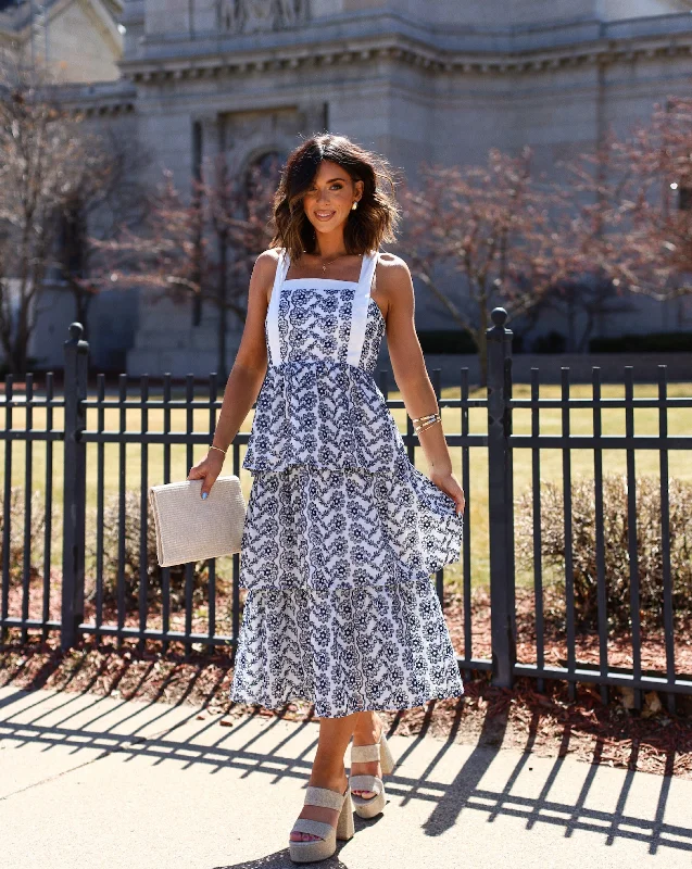 Sparrow Cotton Eyelet Tiered Midi Dress Comfortable Denim Midi Dress