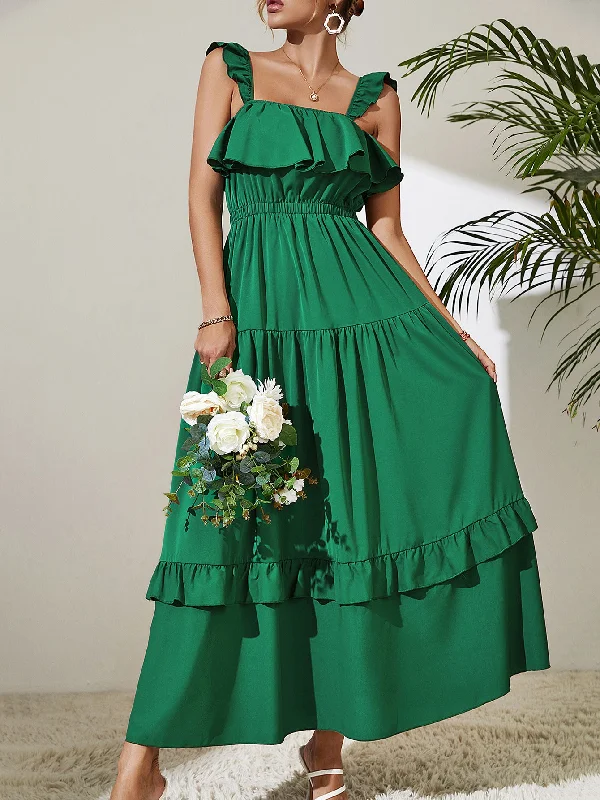 Square Neck Ruffled Maxi Dress Elegant Wraparound Maxi Dress