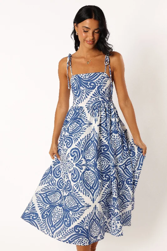 Stazie Midi Dress - Blue White Print Stylish Midi Dress with Cuffs