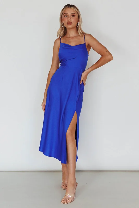 Suki Front Split Midi Dress Royal Blue Fashionable Sheer Sleeve Midi Dress