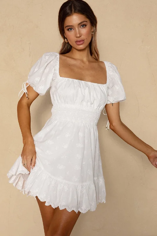 Sweet Devotion Puff Sleeve Shirred Waist Eyelet Mini Dress White Trendy Button-Detail Mini Dress