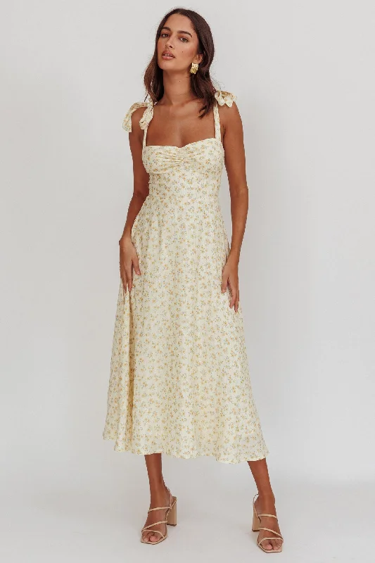 Sweet Pea Floral Tied Straps Midi Dress Yellow Stylish Vintage Midi Dress