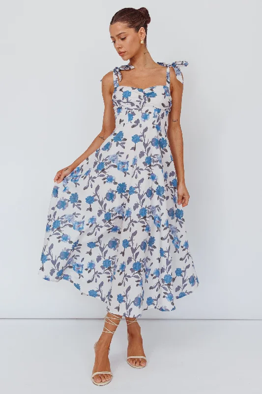 Sweet Pea Tied Bust Midi Dress Flower Blue Fashionable Wide Leg Midi Dress