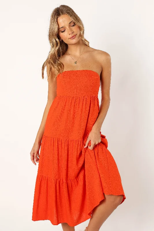 Tabi Strapless Midi Dress - Coral Red Trendy Tiered Hem Midi Dress