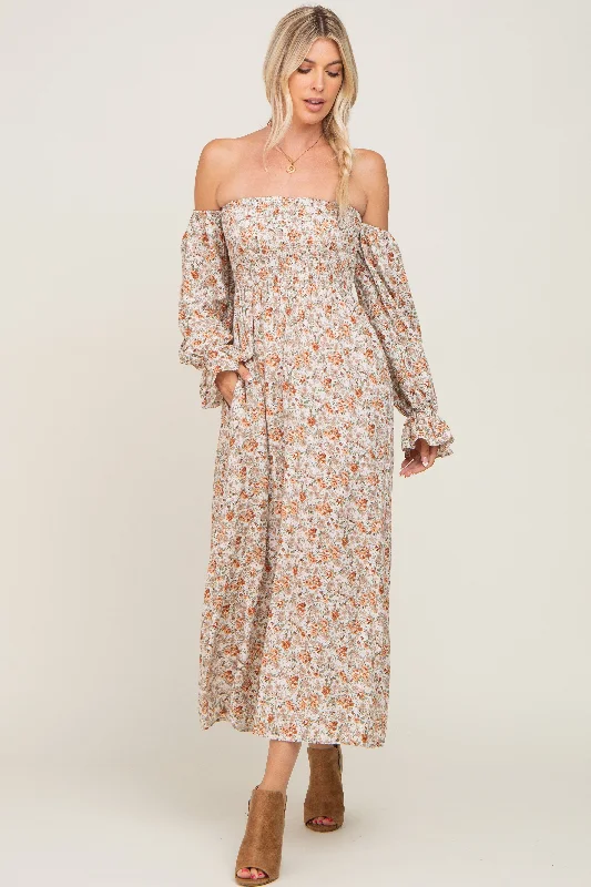 Taupe Floral Off Shoulder Long Sleeve Maxi Dress Elegant Boho Maxi Dress