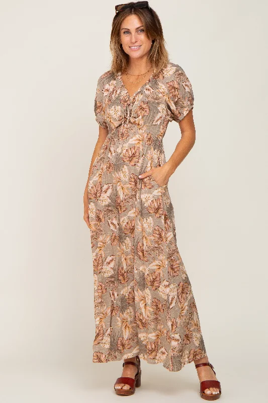 Taupe Leaf Print Cinched Accent Maxi Dress Trendy Button Front Maxi Dress