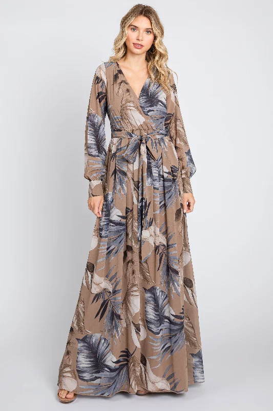 Taupe Palm Print Chiffon Wrap Front V-Neck Long Sleeve Maxi Dress Stylish Empire Waist Maxi Dress