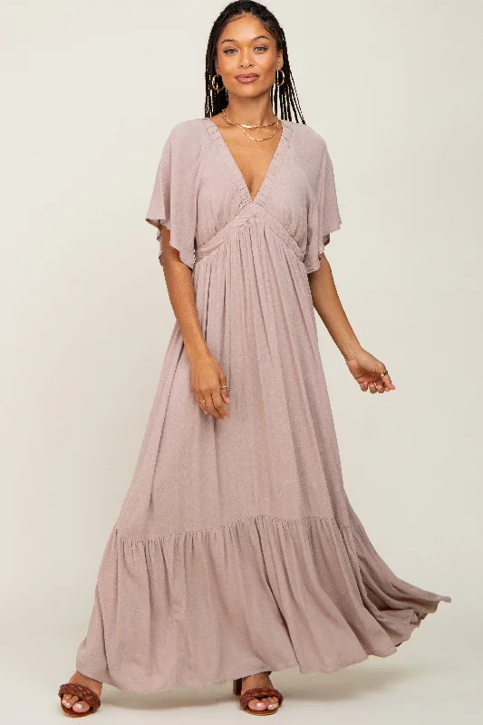 Taupe V-Neck Flounce Sleeve Maxi Dress Fashionable Button-Down Maxi Dress