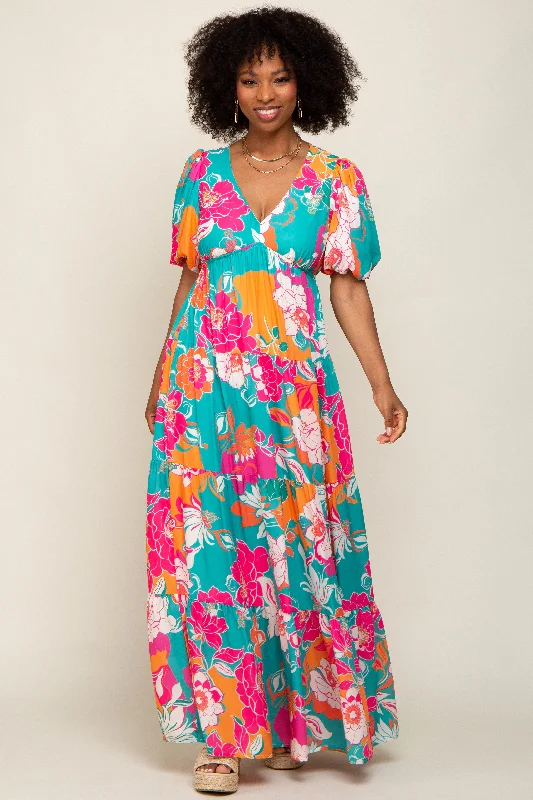 Teal Floral Puff Sleeve Tiered Maxi Dress Stylish V-Neck Maxi Dress