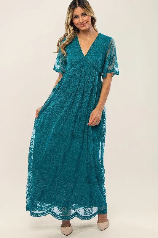 Teal Lace Mesh Overlay Maxi Dress Trendy Fit-and-Flare Maxi Dress