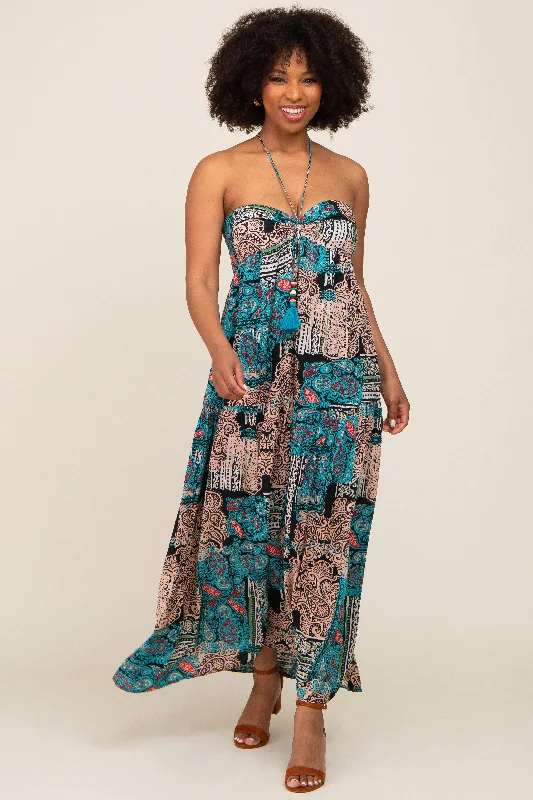 Teal Printed Halter Tassel Front Tie Maxi Dress Fashionable Open-Back Maxi Dress