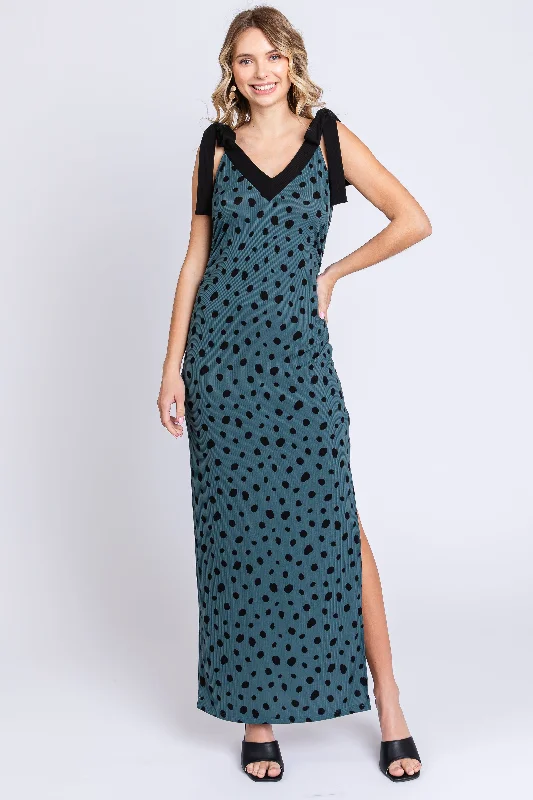 Teal Ribbed Polka Dot Shoulder Tie Maxi Dress Fashionable Halter Neck Maxi Dress