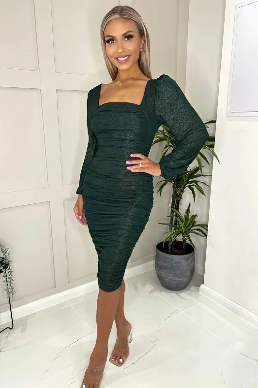 Teal Square Neck Long Sleeve Ruched Shimmer Midi Dress Stylish Off-Shoulder Ruffle Dress