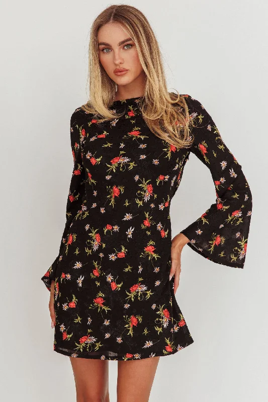 Thriller Long Sleeve Backless Mini Dress Floral Black Stylish Sweetheart Mini Dress