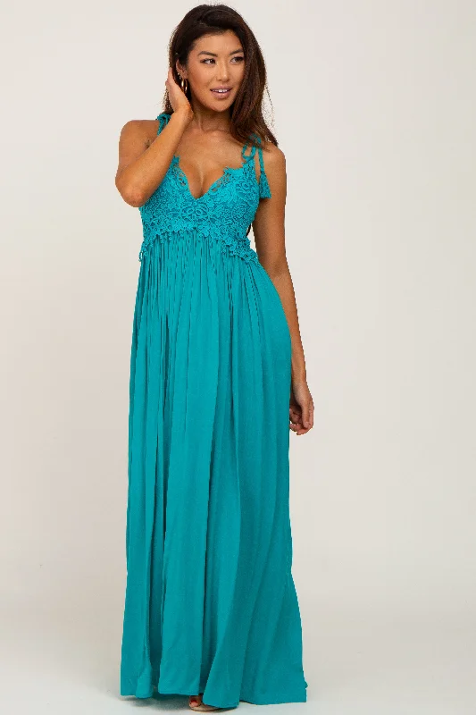 Turquoise Crochet Lace Maxi Dress Fashionable Button-Down Maxi Dress