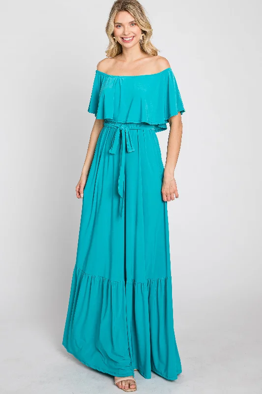 Turquoise Off Shoulder Maxi Dress Stylish A-Line Maxi Dress