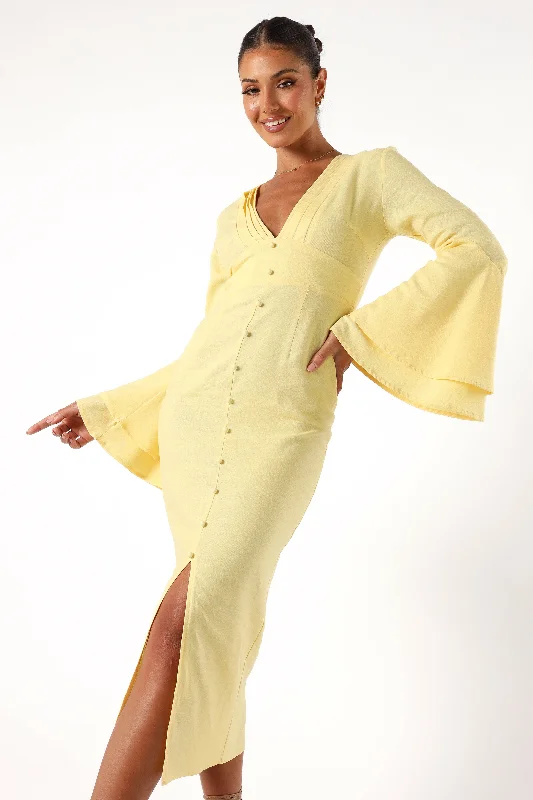 Vela Long Sleeve Midi Dress - Lemon Stylish Vintage Midi Dress