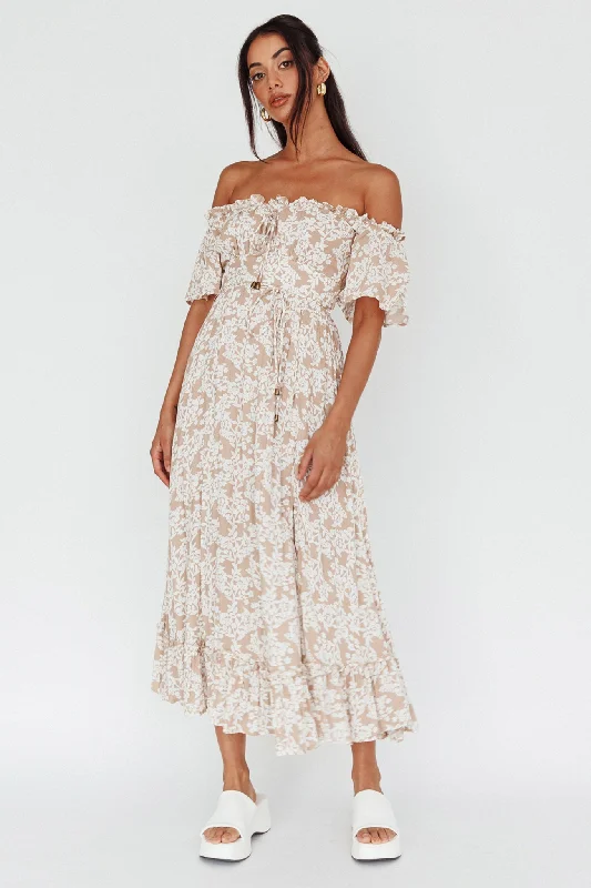 Voyager Off-Shoulder Bell Sleeve Midi Dress Floral Blush Cozy Wide Strap Midi Dress