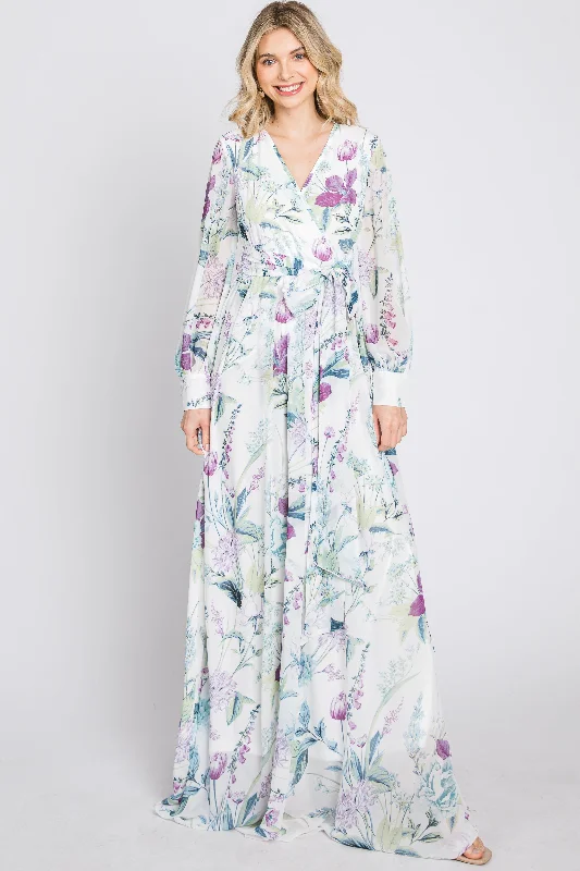 White Floral Chiffon Long Sleeve Pleated Maxi Dress Stylish Maxi Dress with Frills