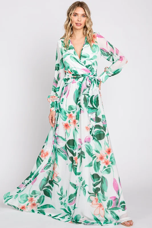 White Floral Chiffon Maxi Dress Trendy A-Line Maxi Dress