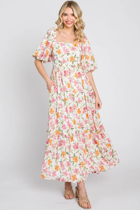 White Floral Puff Sleeve Maxi Dress Trendy Maxi Dress with Straps