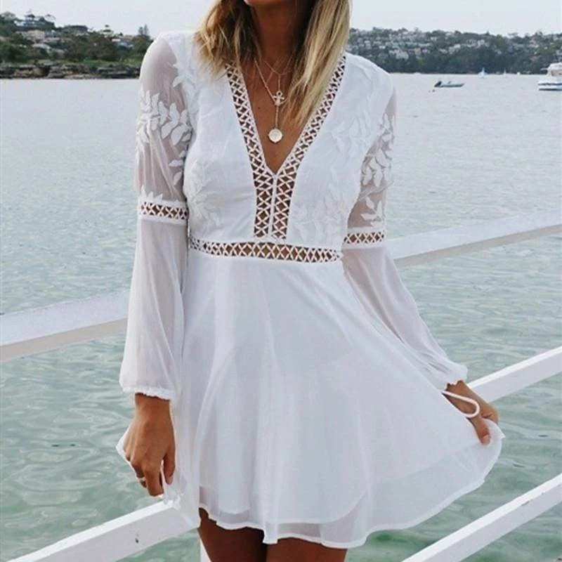 FashionSierra - Women Chiffon White Long Sleeve Lace V-neck Long Sleeve Party Evening Cocktail Short Mini Dress Chic Sleeveless Mini Dress