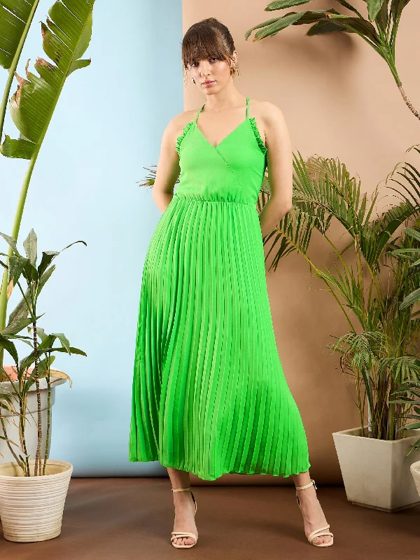 Women Green Strappy Pleated Maxi Dress Classic Black Maxi Dress