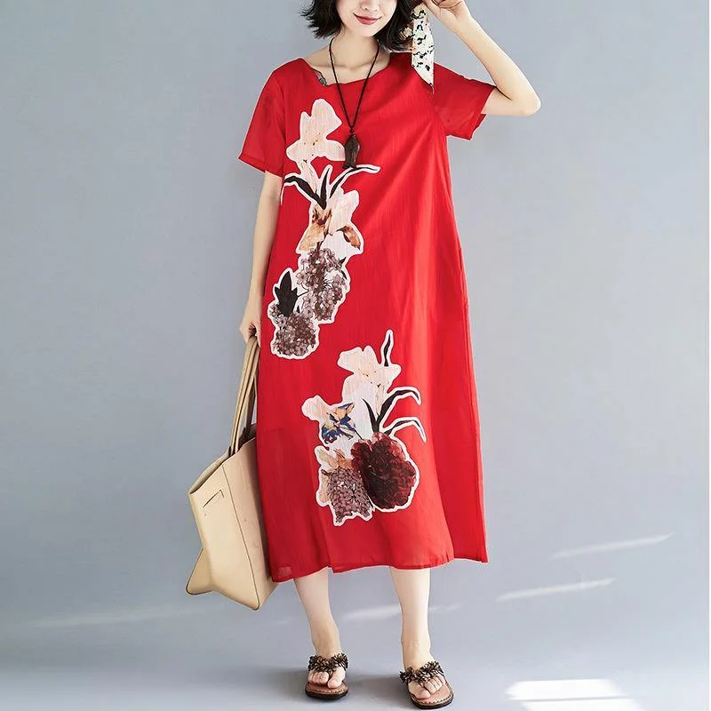 women red prints blended maxi dress Loose fitting o neck silk clothing dress short sleeve caftans Chic Boho Print Maxi Dress