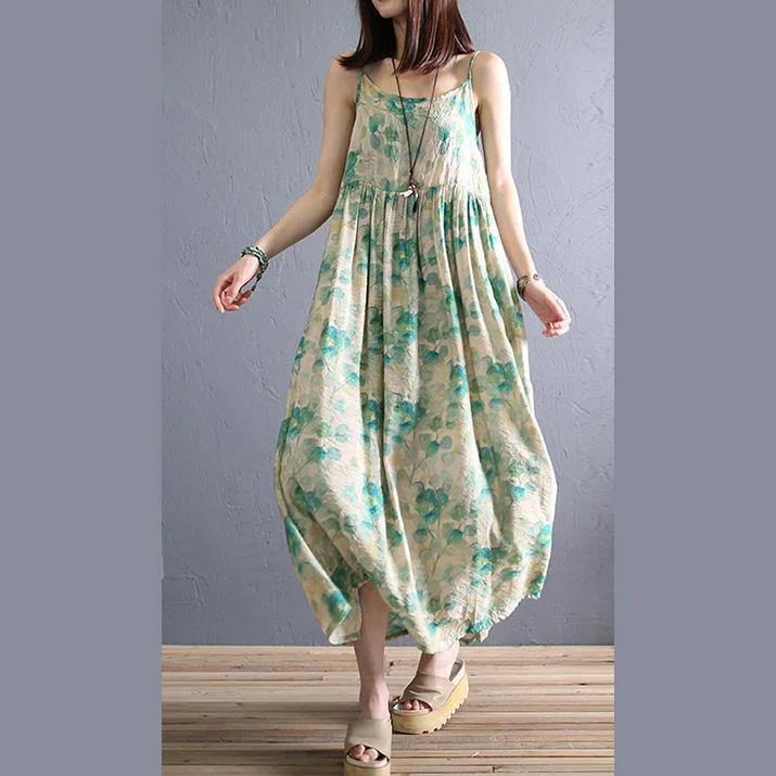 Women Spaghetti Strap wrinkled cotton dresses green print Maxi Dresses summer Comfortable Maxi Dress with Sleeves