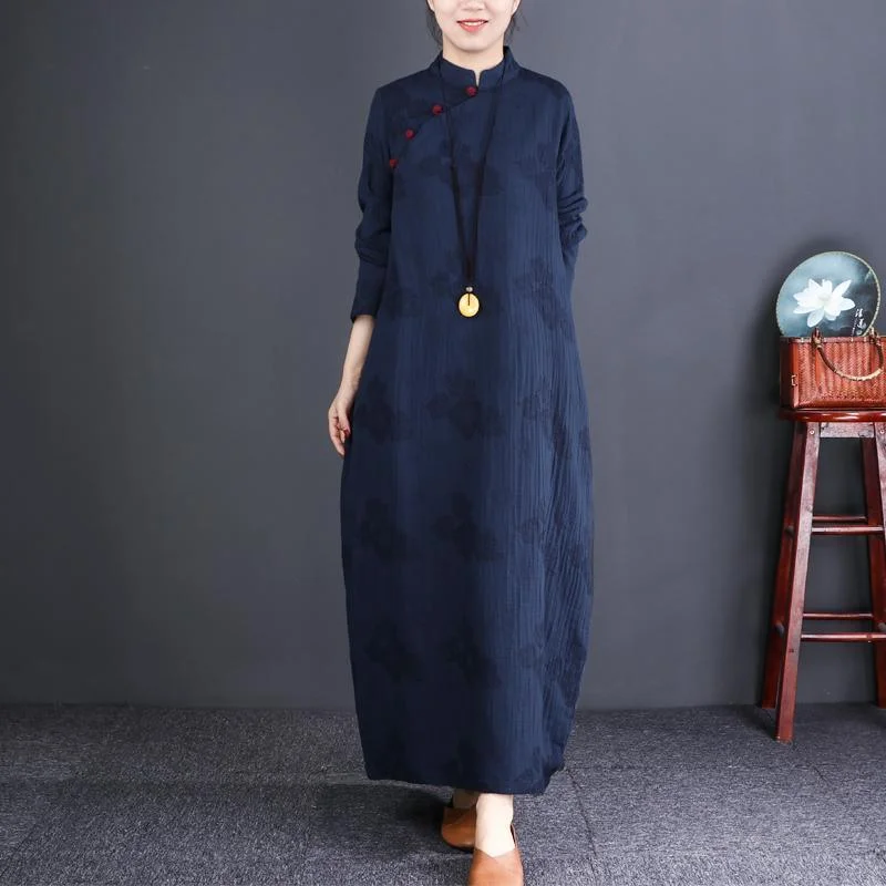 Women stand collar Chinese Button linen clothes For Women plus size Work Outfits navy Maxi Dress Elegant Sleeveless Maxi Dress