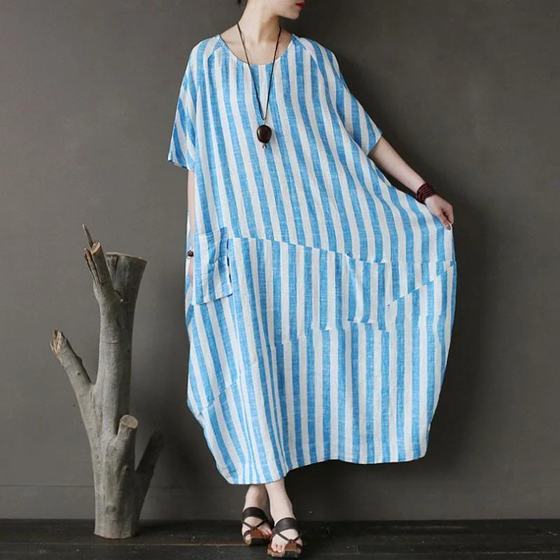 women summer maxi dress Loose fitting Retro Loose Round Neck Short Sleeve Blue Stripe Dress Stylish Boho Maxi Dress