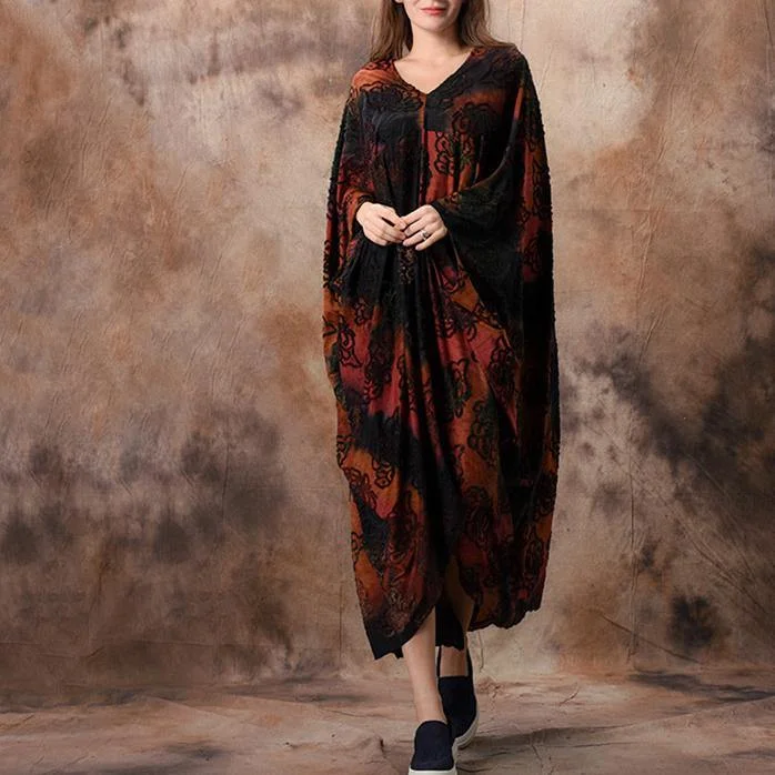 Women v neck Batwing Sleeve Jacquard clothes Women Boho Fashion Ideas red Maxi Dress spring Comfortable Maxi Dress with Belt