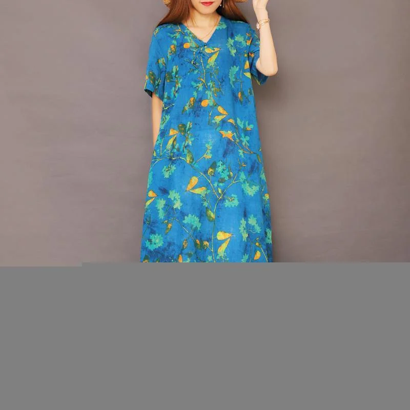 Women v neck cotton dresses linen blue floral Maxi Dresses sundress Fashionable Sheer Maxi Dress