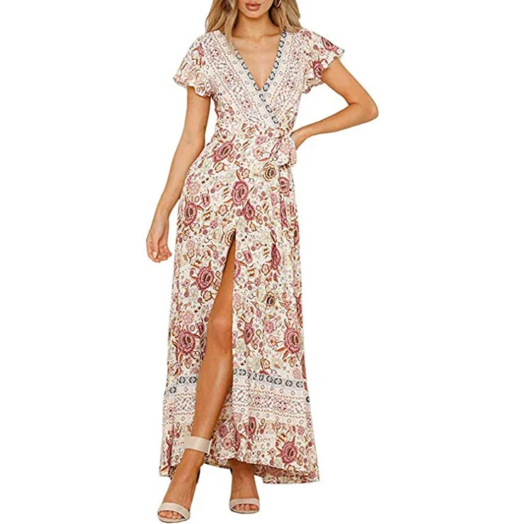 Women's Bohemian Floral Printed Wrap V Neck Maxi Dress Fashionable Maxi Dress with Fringe