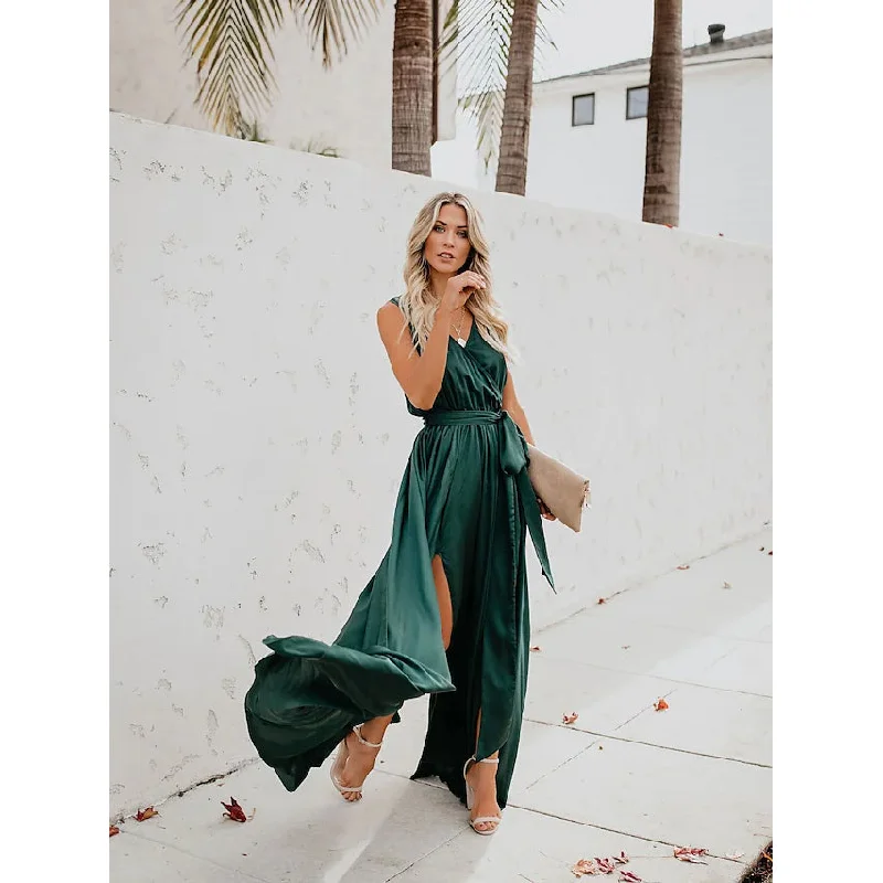 Women's Solid Color Slit Tie Maxi Dress Fashionable Button-Down Maxi Dress