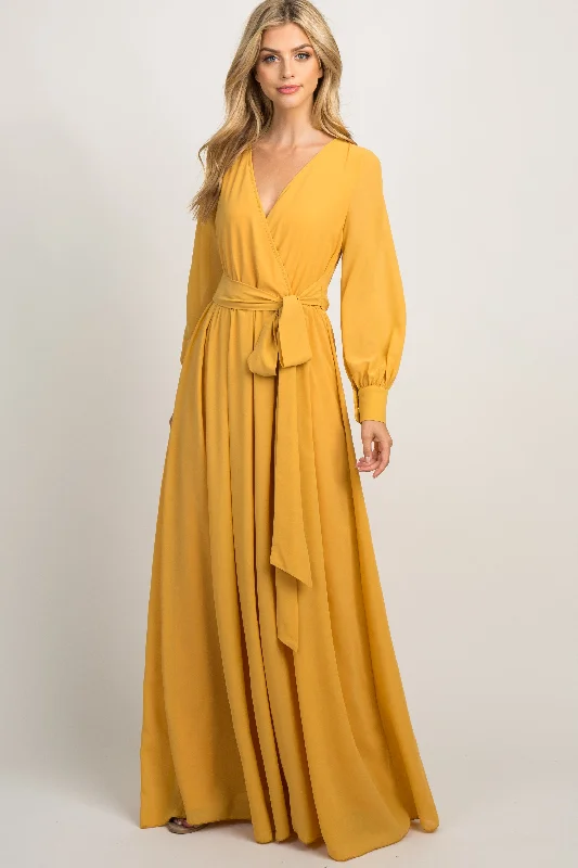 Yellow Chiffon Long Sleeve Pleated Maxi Dress Trendy Floral Print Maxi Dress