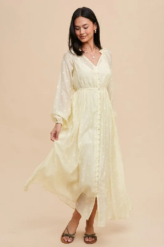 Yellow Embroidered Button Down Maxi Dress Comfortable Fitted Maxi Dress