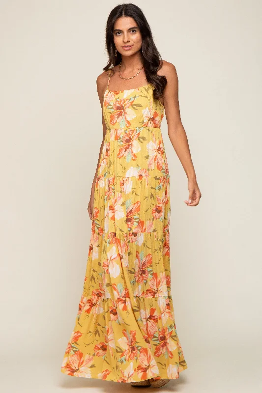 Yellow Floral Sleeveless Tiered Maxi Dress Elegant Tiered Maxi Dress