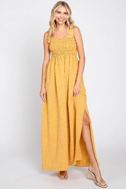 Yellow Textured Smocked Shoulder Tie Maxi Dress Cozy Ruffle Sleeve Maxi Dress